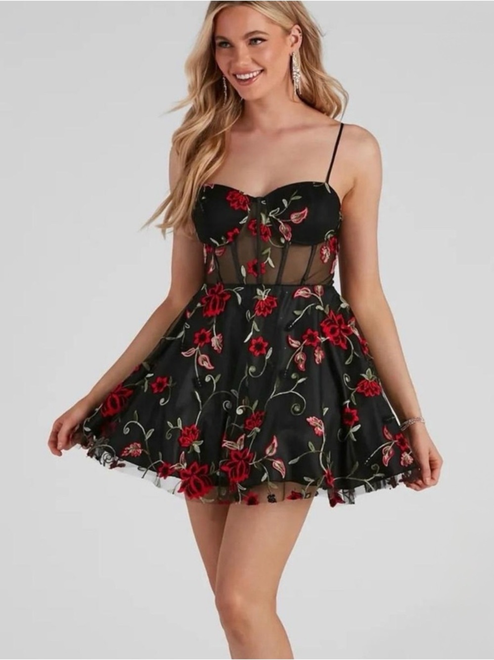 B. Darlin Black Mesh Dress w/ Red Floral Embroidery & Corset Top sz 9/10 fairy - Picture 1 of 13